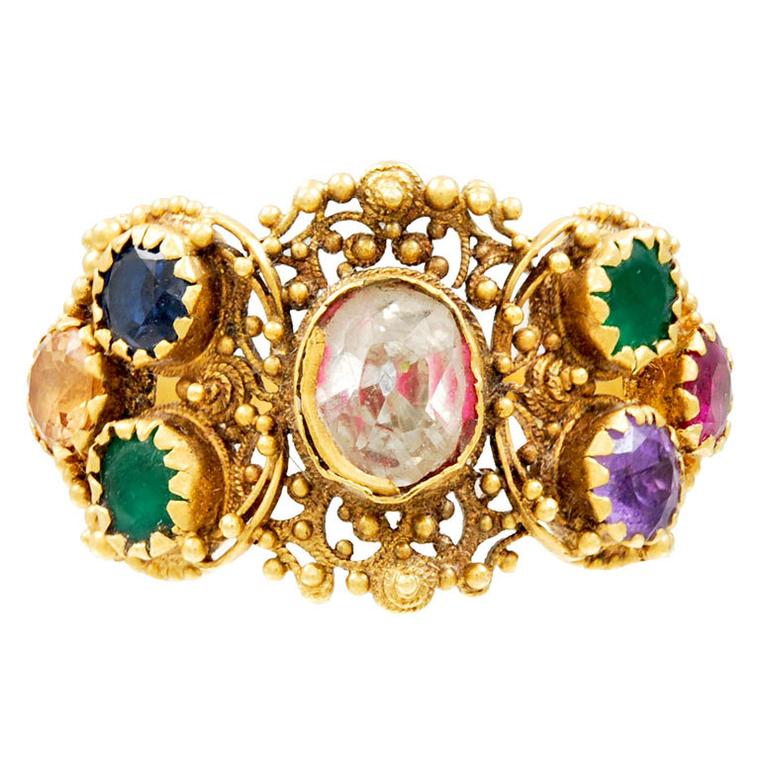 This antique Georgian ring spells out the word Dearest in diamond, emerald, amethyst, ruby, emerald, sapphire and topaz stones. Available from 1stdibs.com.